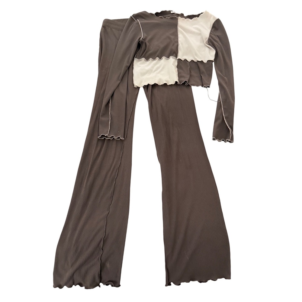 Brown Ribbed Patchwork 2 Piece Set Crop Top and Wide Leg Pants Lettuce Edge
